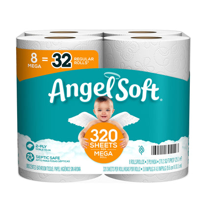 Angel Soft® Toilet Paper, 8 Mega Rolls = 32 Regular Rolls, 2-Ply Bath Tissue, 320 Sheets per Roll, 8 Count, White