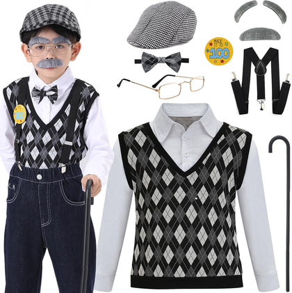 Z-Shop Old Man Costume for Boys 100th Day of School Kids Grandpa Old Person Vest with Hat,2-2-6