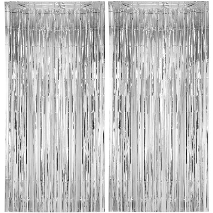 Voircoloria 2 Pack Silver Foil Fringe Backdrop Curtains, Tinsel Streamers Birthday Party Decorations, Fringe Backdrop for Graduation, Baby Shower, Gender Reveal, Disco Party