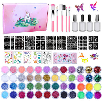 ROUQIUYA Temporary Glitter Tattoo Kids 48 Colors, 209 Unique Stencils, 4 Glue, 5 Brushes, Body Nail Arts Glitter Makeup Kit, Gifts for Girls Boys Adults Birthday Party Christmas Festival