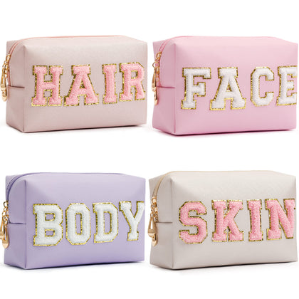 HBselect 4 Pcs Chenille Letter Patch Makeup Bags - Portable Waterproof Cosmetic Organizer for Women