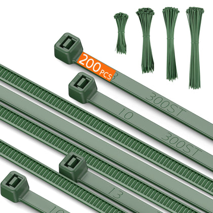 PA66 Cable Zip Ties, Christmas Zip Ties, 200pcs 12+10+8+4 Inch Heavy Duty, Non-slip, Decoration Tie Wraps for Plants Gardening Farming Grid Wall Fence, Garland Ties for Christmas Tree Ornaments, Green