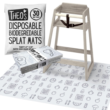 30 Pack | Disposable Splat Mats | Biodegradable + Compostable | THEO'S MATS | Under Highchair Splat Mat for Floor | Baby Led Weaning Supplies | (THEO001)