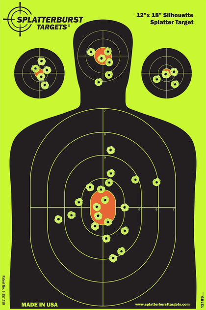 Splatterburst Targets - 12 x18 inch - Silhouette Splatter Target - Easily See Your Shots Burst Bright Fluorescent Yellow Upon Impact - Made in USA (50 Pack)