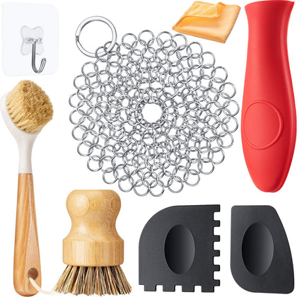 8 Pieces Cast Iron Cleaner Care Kit Include Chainmail Scrubber, Bamboo Handle Dish Brush, Scrub Brushes, Pan Grill Scrapers, Towel, Wall Hook and Silicone Hot Handle Holder for Cast Iron Skillet