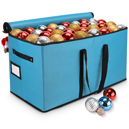Kesfitt Christmas Ornament Storage Box,Christmas Storage Container With Adjustable Dividers Fits 128 Holiday Ornaments Decorations 3-Inch,Large Xmas Organizer box with Dual Zipper Closure, Velcro Hand