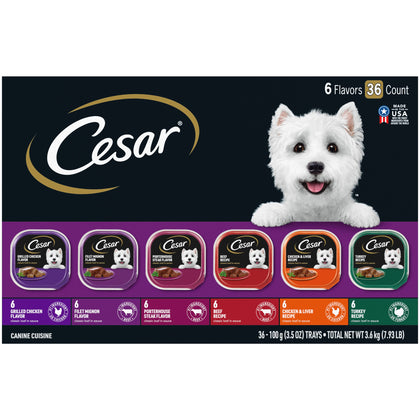 CESAR Adult Wet Dog Food Classic Loaf in Sauce Grilled Chicken, Filet Mignon, Porterhouse Steak, Beef, Chicken & Liver and Turkey Variety Pack, 3.5 oz. Easy Peel Trays, Pack of 36