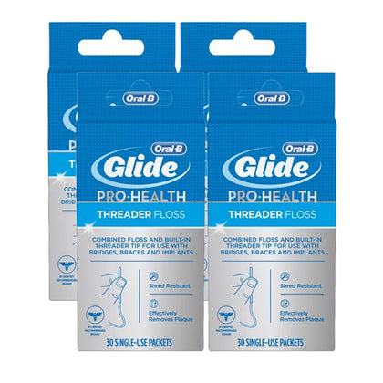 Glide Threader Floss, 30-Count Boxes of Single-Use Packets (Pack of 4)