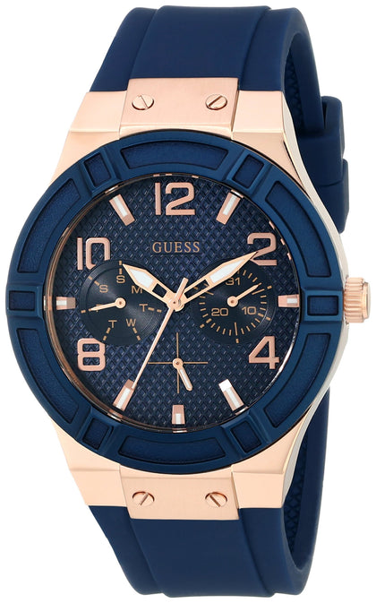 GUESS Women's Rose Gold-Tone Dial with Iconic Blue Stain Resistant Silicone Strap (Model: U0571L1)