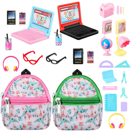 Charniol 29 Pieces Dollhouse Accessories Mini Laptop Computer Tablet Phone Miniature Glasses Headset Backpack Drink Plastic Toys for Dolls (Fresh Style)