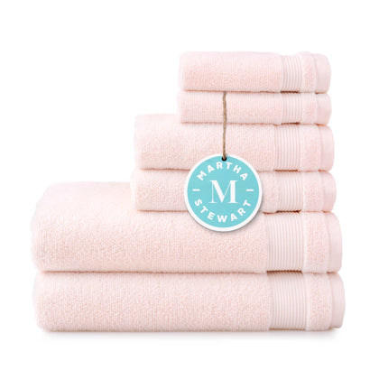 MARTHA STEWART 100% Cotton Bath Towels Set Of 6 Piece, 2 Bath Towels, 2 Hand Towels, 2 Washcloths, Quick Dry Towels, Soft & Absorbent, Bathroom Essentials, Blush Pink