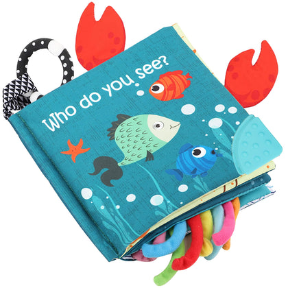 Fish Baby Books Toys, Touch and Feel Cloth Soft Crinkle Books for Babies,Toddlers Infant Kids Activity Early Education Toys, Shark Tails Teething Toys Teether Ring, Baby Book Octopus,Ocean Sea Animal
