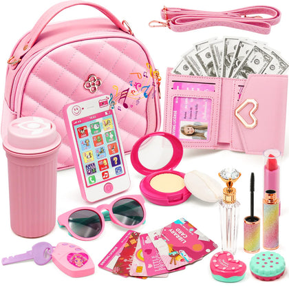 Kids Pretend Play Little Girl Purse Accessories, Princess Toy Cell Phone Fake Makeup Handbag Wallet Sunglasses Keys Credit Card Water Bottle Birthday Gifts Toys for 3 4 5 6 7 8 9 10+ Year Old Girls