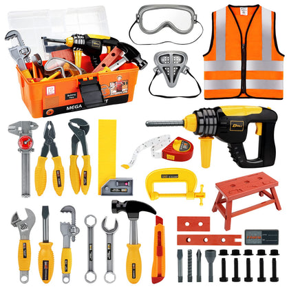 Deejoy Tool Set with Tool Box & Electronic Toy Drill, Pretend Play Kids Construction Kits for Kids Ages 3-5 Years Old, Toddler Boy Toys(Orange)