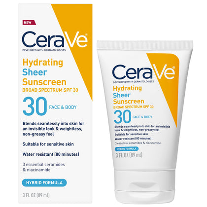CeraVe Hydrating Sheer Sunscreen SPF 30 for Face and Body | Mineral & Chemical Sunscreen with Zinc Oxide, Hyaluronic Acid, Niacinamides and Ceramides| Paraben Free Fragrance Free | 3 Ounces