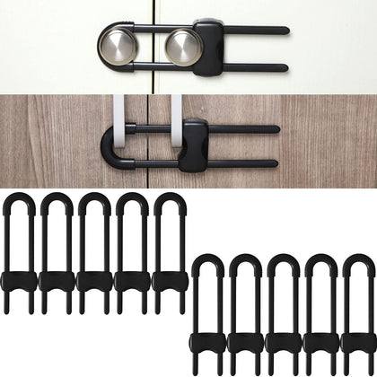 10 Pieces Cabinet Locks for Babies, U-Shaped Proofing Drawers Safety Child Locks Adjustable, Easy to Use Childproof Latch for Knob Handle on Kitchen Door Storage Cupboard Closet Dresser (Black)