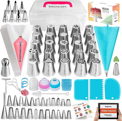 RFAQK 150PCs Russian Piping Tips Complete Set - Cookie,Cupcake Decorating Supplies Kit -Cake Piping Tips Set(24 Icing Tips+25 Russian+7 Ruffle+Leaf&Ball+41 Pastry Bags+EBook) (Blue)