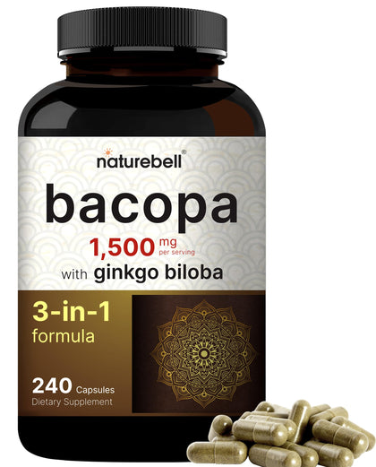 NatureBell Bacopa Monnieri Capsules with Ginkgo Biloba, 1,500mg Per Serving, 240 Pills | Whole Plant Source - 50% Active Bacosides - Nootropic Supplements for Positive Mood & Memory - Non-GMO