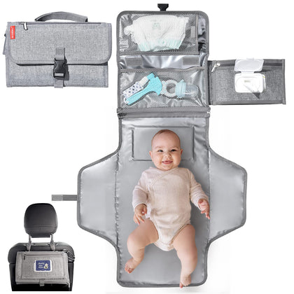Portable Baby Changing Pad, SKYROKU Detachable Travel Changing Pad, Smart Wipes Pocket with Built-in Pillow -Waterproof & Large Changing Area-Foldable Travel Baby Changing Kit(Grey)