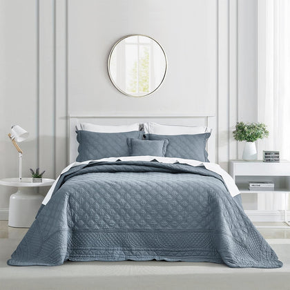 CHIXIN Oversized Cotton Bedspread Queen Size - Real Stitching - Luxury Quilted Bedding Cover for All Season, Reversible, Ultra Soft, Lightweight, 3 Piece, Smokey Blue