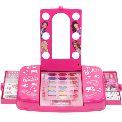 Townley Girl Barbie Beauty Vanity Set with Light-Up Mirror | Includes Lip Gloss, Eye Shadow, Brushes, Nail Polish, Accessories, and More! |Ages 3+ | Perfect for Parties, Sleepovers, and Makeovers