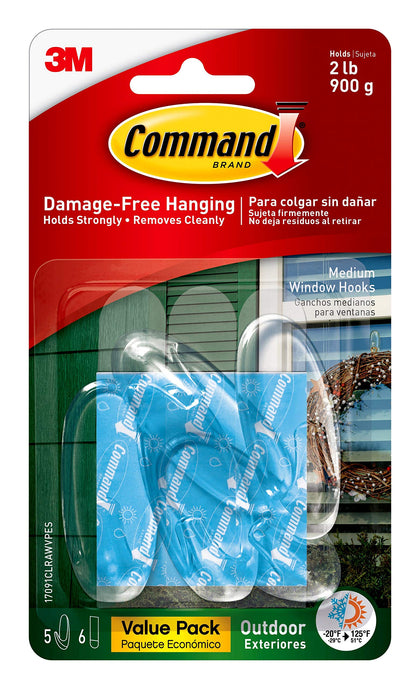 Command Outdoor Medium Window Hooks, Clear, Water-Resistant Adhesive, 5 Hooks, 6 Strips (17091CLRAWVPES)