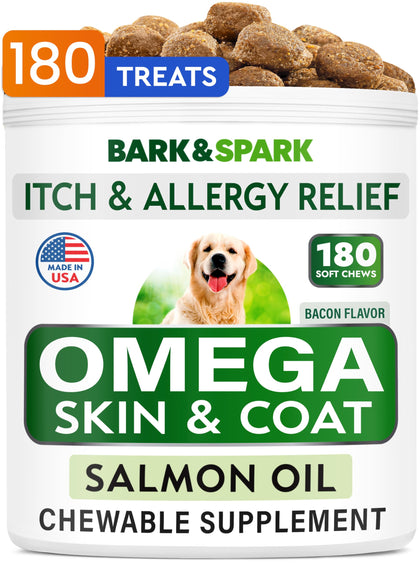 Omega 3 for Dogs - 180 Fish Oil Treats for Dog Shedding, Skin Allergy, Itch Relief, Hot Spots Treatment - Joint Health - Skin and Coat Supplement - EPA & DHA Fatty Acids - Salmon Oil - Bacon