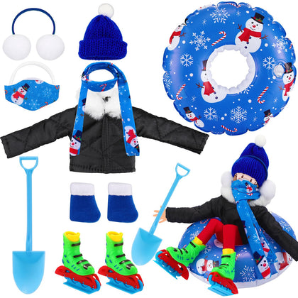 Jenaai 9 PCS Christmas Elf Doll Accessories Set Christmas Elf Clothing Includes Ear Muffs, Scarf, Cotton Padded Coat, Boot, Inflatable Snow Tube, Mask, Hat, Ice Skates, Shovel for Doll Decor