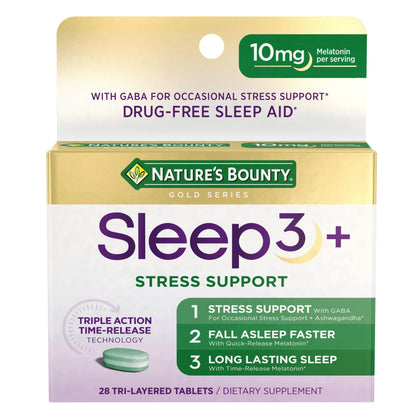 Nature's Bounty Stress Support Melatonin, Sleep3 Maximum Strength 100% Drug Free Sleep Aid, Dietary Supplement with Ashwagandha, Time Release Technology, 10mg, 28 Tri-Layered Tablets