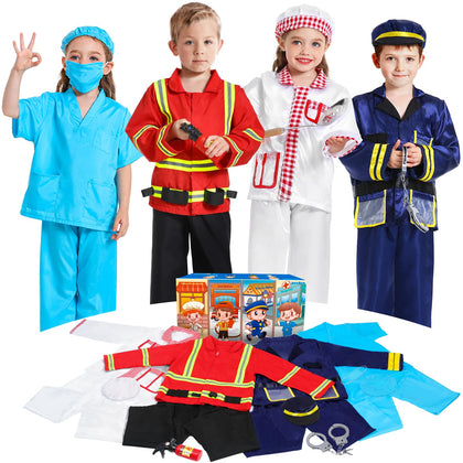 DISHIO Dress Up Clothes for Kids Pretend Role Play Costumes Trunk Toddlers Dress Up Costumes with Fireman Police Doctor Chef Kids Costume Set Dress Up Costumes for Boys Girls Birthday Party Age 3-6