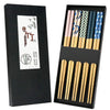 5 Pairs Japanese Natural Bamboo Chopsticks with Unique Print, Reusable Chopstick Gift Set for Sushi Rice Noodles, Chinese Tableware Washable for Dishwasher, 8.85 Inches Length