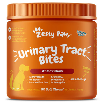 Zesty Paws Cranberry Bladder Bites for Dogs - Kidney & Urinary Tract Health - Soft Chews with D-Mannose, Vitamin B6 & L-Arginine - Immune & Gut Support - Chicken - 90 Count