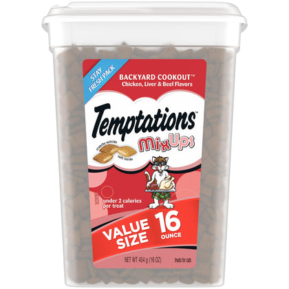 TEMPTATIONS MIXUPS Crunchy and Soft Cat Treats Backyard Cookout Flavor, 16 oz. Tub