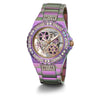 GUESS Ladies Trend Clear-Cut 39mm Watch - Glitz Dial with Iridescent Violet Stainless Steel Case & Bracelet