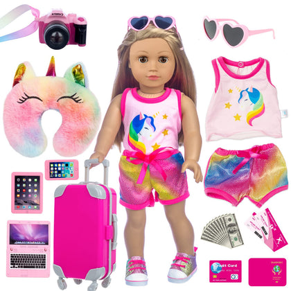 XFEYUE 23 Pcs 18 inch Doll Clothes and Accessories - Suitcase Luggage , Pillow, Sunglasses, Camera, Passport, Mobile Phone , Computer Doll Travel Gear Play Set Fit 18 inch Girl Doll (No Doll)