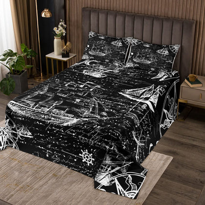 jejeloiu Nautical Bedspread for Kids Boys Girls Boat Print Quilted Coverlet Anchor Decor Coverlet Set Bedroom Decor Adventure Black White Quilted Twin Size with 1 Pillow Case