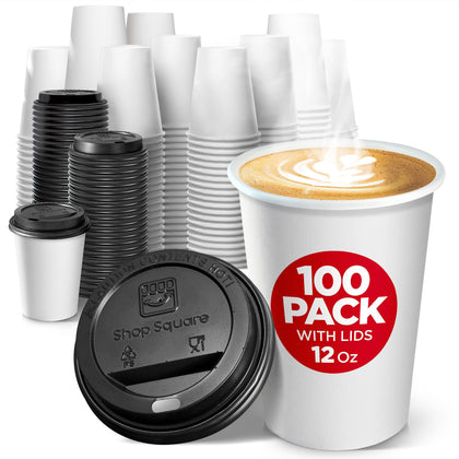 Disposable Coffee Cups with Lids 12 oz (100 Pack) - To Go Cups for Hot & Cold Drinks, Tea, Hot Chocolate, Water - Poly-Coated for No Condensation with Rolled Edge - Coffee Cup Bundle