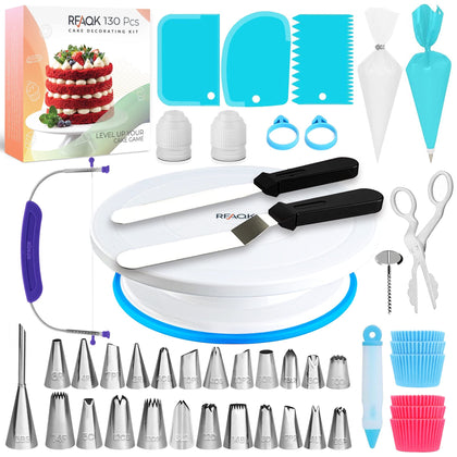 130Pcs Cake Decorating Supplies Kit - Non Slip Cake Turntable with 24 Numbered Icing Tips -Straight & Angled Spatula-3 Cake Scrapers- 40 Cupcake Liners, Ebook & Baking Tools