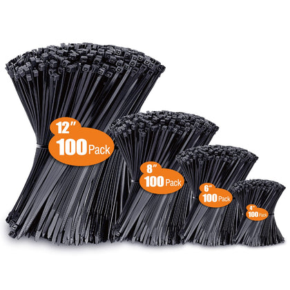Zip Ties Assorted Sizes(4+6+8+12), 400 Pack, Black Cable Ties, UV Resistant Wire Ties by ANOSON