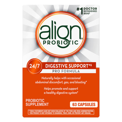 Align Probiotic, Pro Formula, Probiotics for Women and Men, Daily Probiotic Supplement, Helps Soothe Occasional Abdominal Discomfort & Bloating*, #1 Doctor Recommended Brand, 63 Capsules