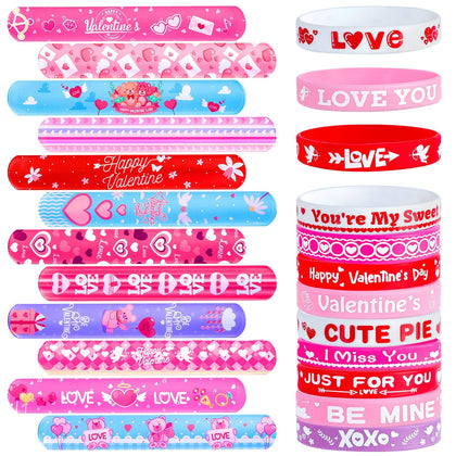 Thuodo 48 Pcs Valentines Slap Bracelets Rubber Bracelets Valentines Party Favors Gifts for Kids Classroom Goodie Bag Stuffers