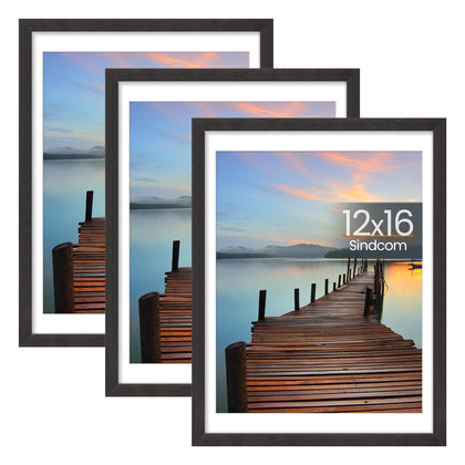 Sindcom 12x16 Frame 3 Pack, with Detachable Mat for 11x14 Pictures, Wall Mounting Charcoal Gray Photo Frame, Pre-Installed Hanging Hooks for Portrait or Landscape Mode