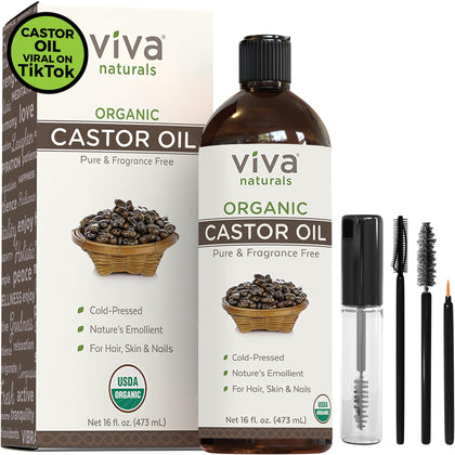 Viva Naturals Organic Castor Oil, 16 fl oz - Cold Pressed Castor Oil for Skin, Hair and Lashes - Traditionally Used to Support Hair Growth - Certified Organic & Non-GMO - Includes Beauty Kit