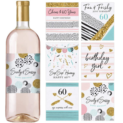Printed Party 60th Birthday Wine Bottle Labels, Pink and Gold, Set of 6