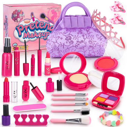 Pretend Makeup for Toddlers - BTEC Fake Makeup Set for Kids, Play Makeup Kit for Little Girls Age 2 3 4 5 6, Kids Makeup Kit for Girl with Princess Purse (24 Pack)