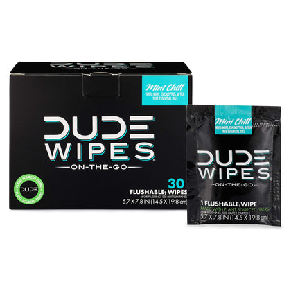 DUDE Wipes - On-The-Go Flushable Wipes - 1 Pack, 30 Wipes - Mint Chill Extra-Large Individually Wrapped Adult Wet Wipes - Eucalyptus & Tea Tree Oil - Septic and Sewer Safe