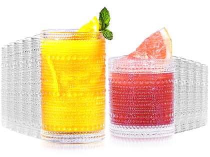 Lvtrupc Vintage Hobnail Drinking Glasses Set of 12-14 oz Old Fashioned Water Glass Cups & 11 oz Cocktail Glasses, Aesthetic Kitchen Bar Tumbler Glassware Gifts Sets for Smoothie, Juice, Coffee, Wine