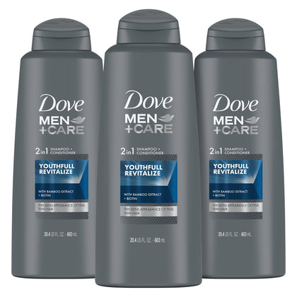 DOVE MEN + CARE 2 in 1 Shampoo and Conditioner Youthfull Revitalize 3 Count For Fine, Thin Hair Men's Shampoo and Conditioner with Bamboo Extract + Biotin 20.4 oz