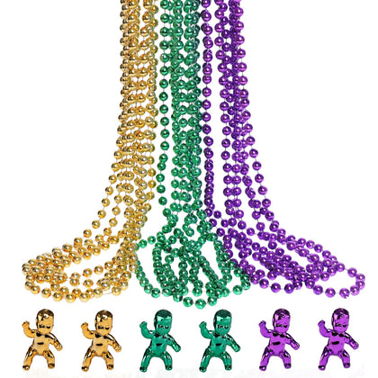 ZZYFGH Mardi Gras Bead Necklace 12 Pcs and Mini King Cake Babies 6 Pcs Metallic Gold Purple Green Party Costume Accessory