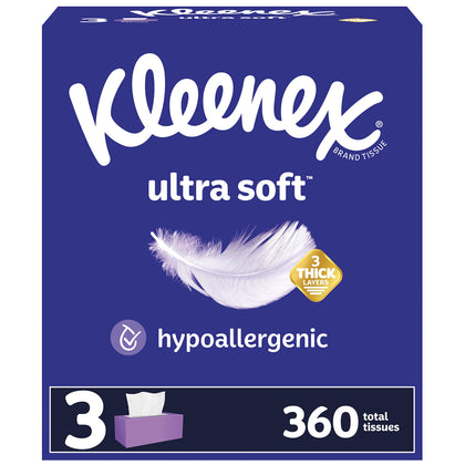 Kleenex Ultra Soft Facial Tissues, 3 Flat Boxes, 120 Tissues per Box, 3-Ply (360 Total Tissues), Packaging May Vary